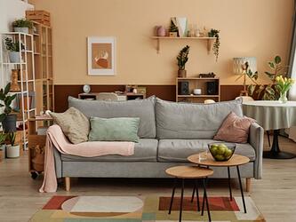couch with cushions in a living room, with coffee tables, bookshelves, lamps and pictures on the wall